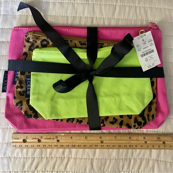 New, J.Crew Set of 3 Cosmetic Bags in Lime, Barbie Pink & Animal Print  🛍 - Picture 3 of 6